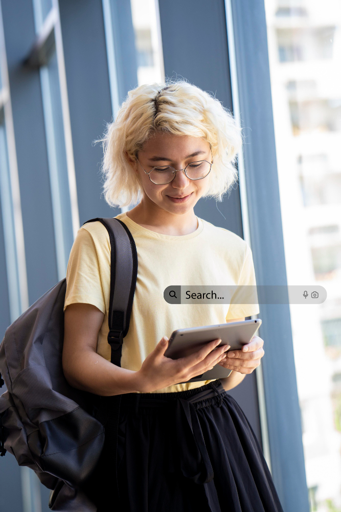 Person holding a tablet and searching online, focused on removing search results from Google.