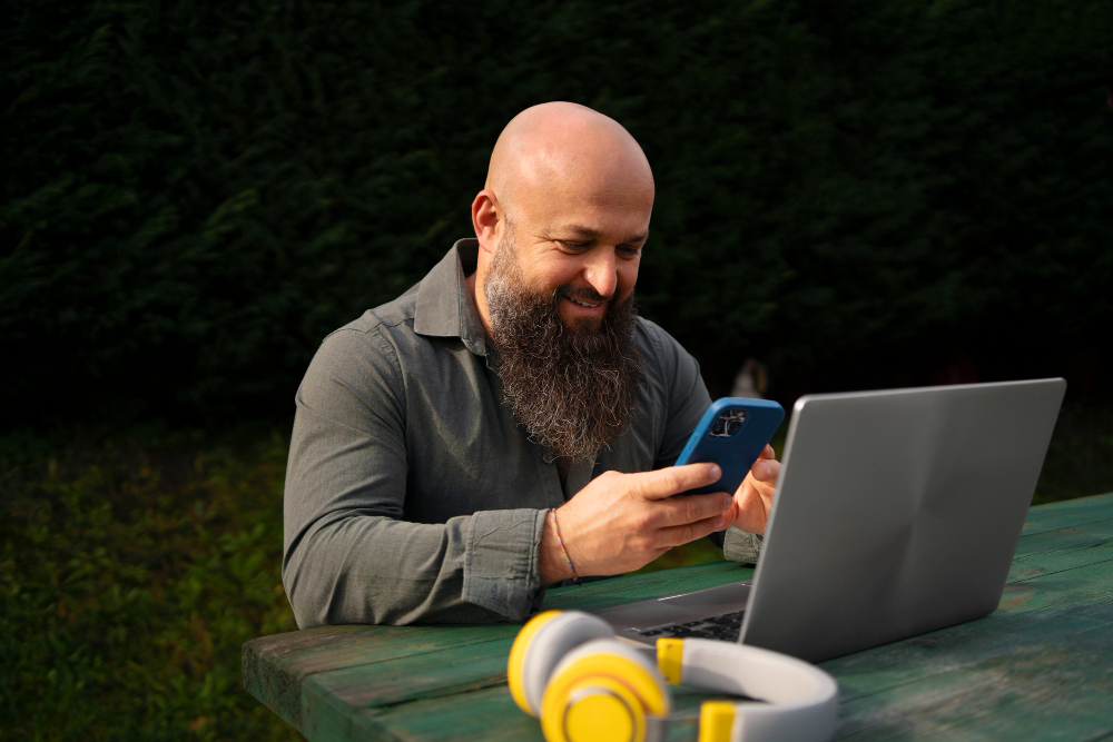 Smiling man using phone near laptop outdoors symbolizing efforts to remove negative news articles