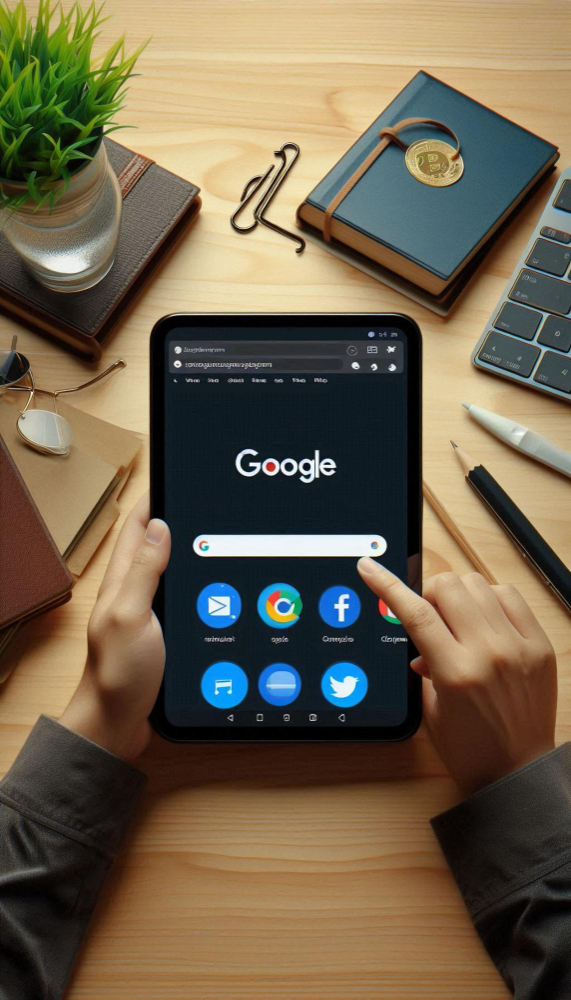 Person using a tablet with Google search open, symbolizing a Monthly Reputation Report review