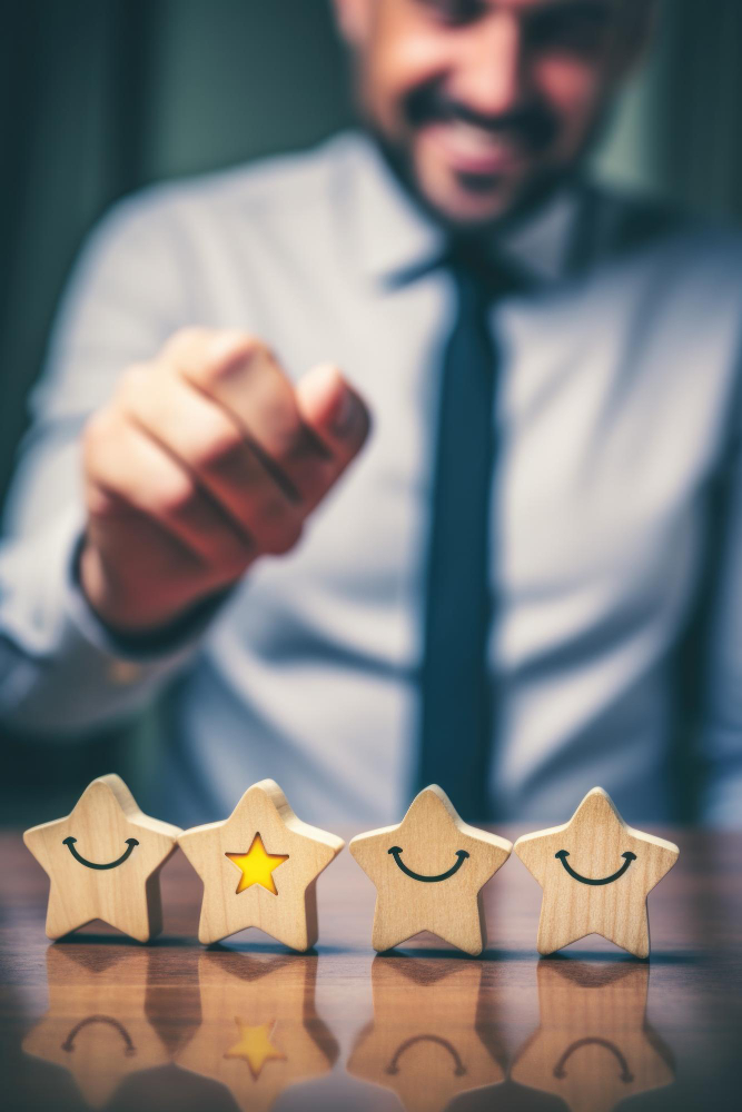 Employer Response & Reference Repair 3 Wooden stars with smiley faces, symbolizing ratings and reviews, highlighting employer branding companies.