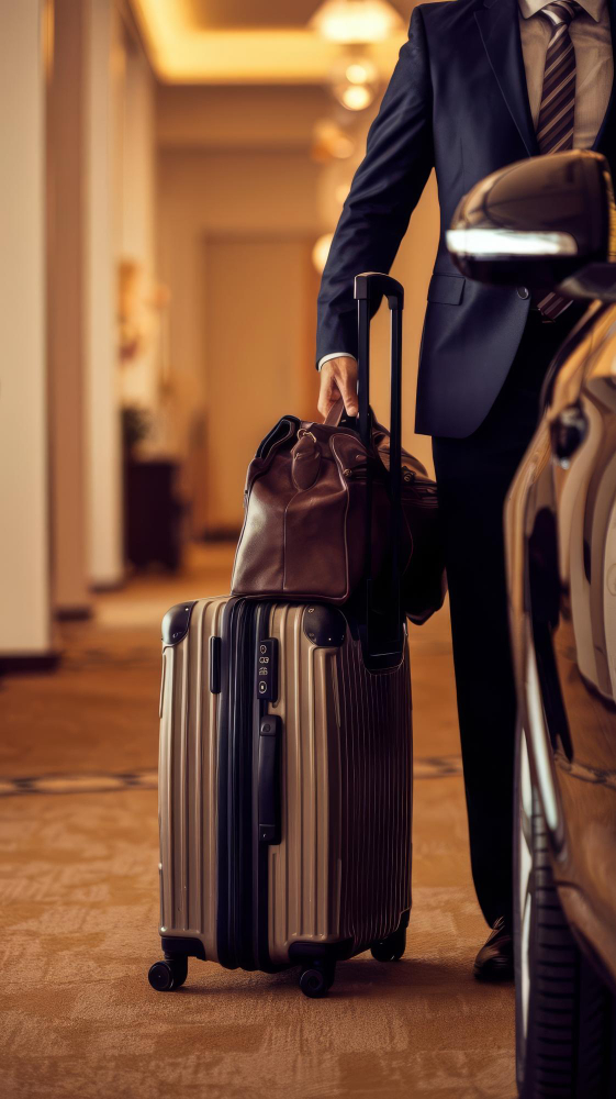 Business traveler with luggage in hotel hallway symbolizing travel & hospitality review removal