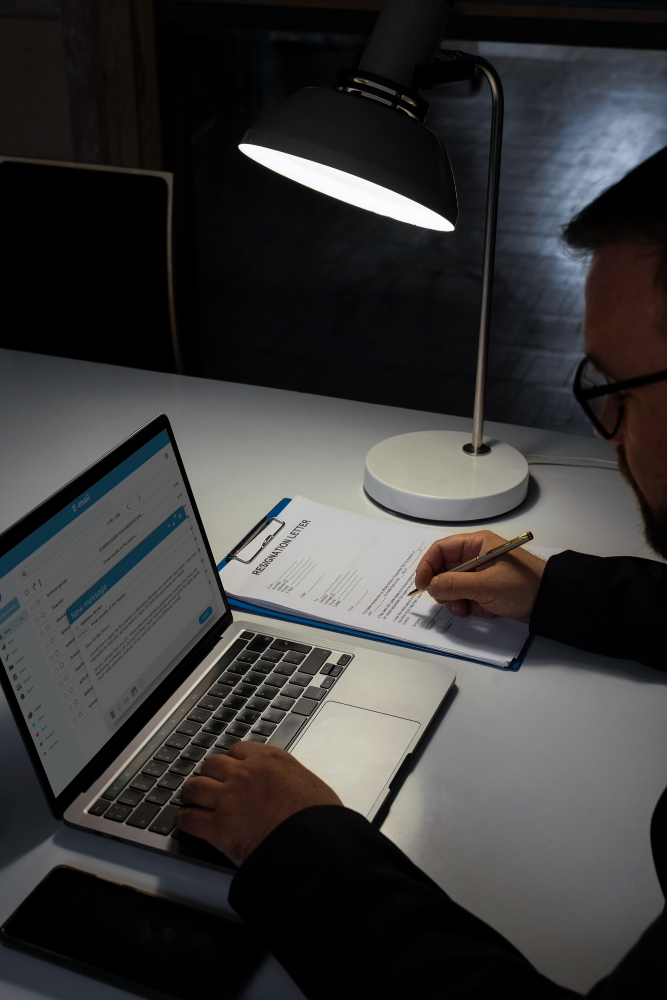 Man working late at desk writing notes beside laptop, focusing on Google Deindexing strategies.