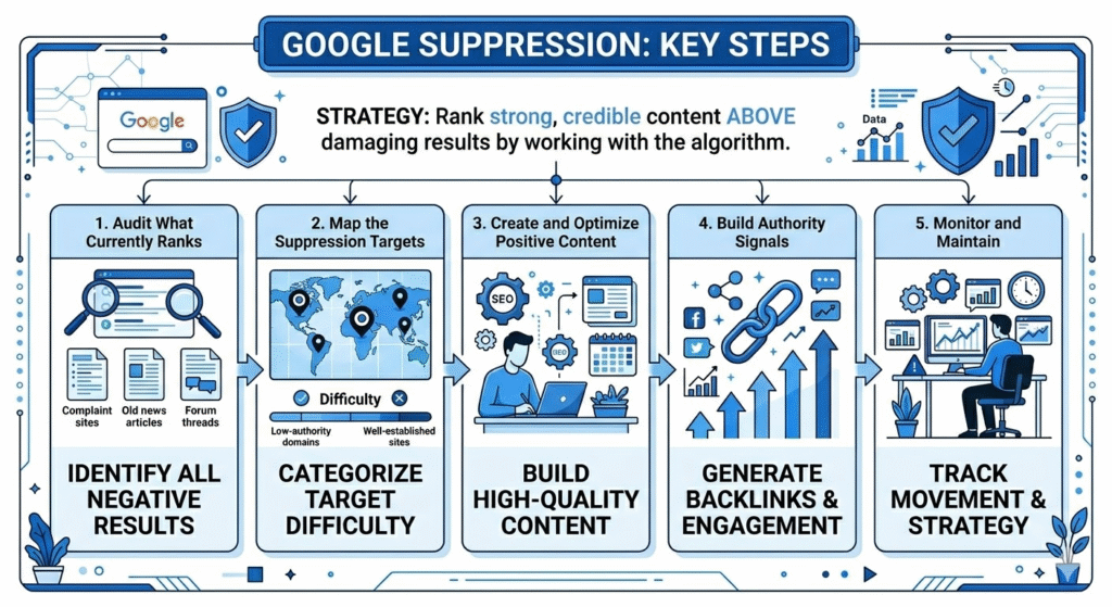 Google Suppression Explained: How to Push Down Negative Search Results 1 Google Suppression key steps