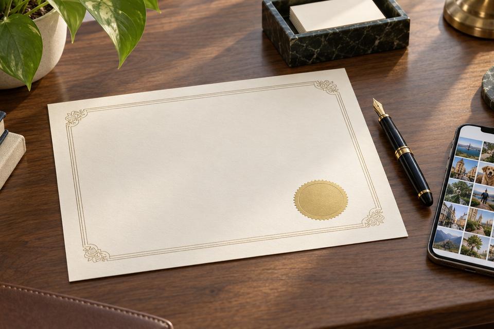 Registration certificate on a desk beside a phone showing personal photos