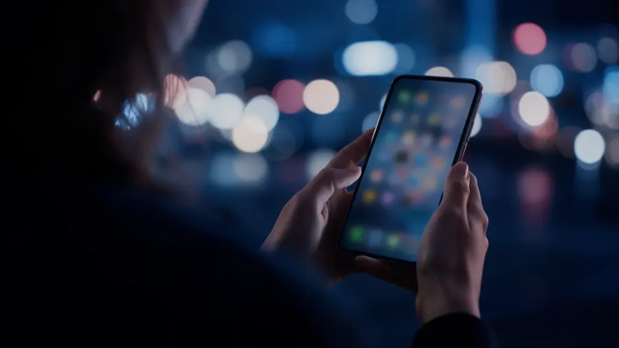 Woman checking her phone at night: discreet dating reputation management by MGMT Reputation