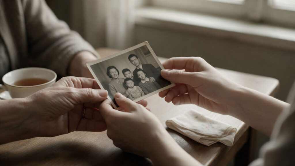 Two pairs of hands holding an old family photograph at a wooden table