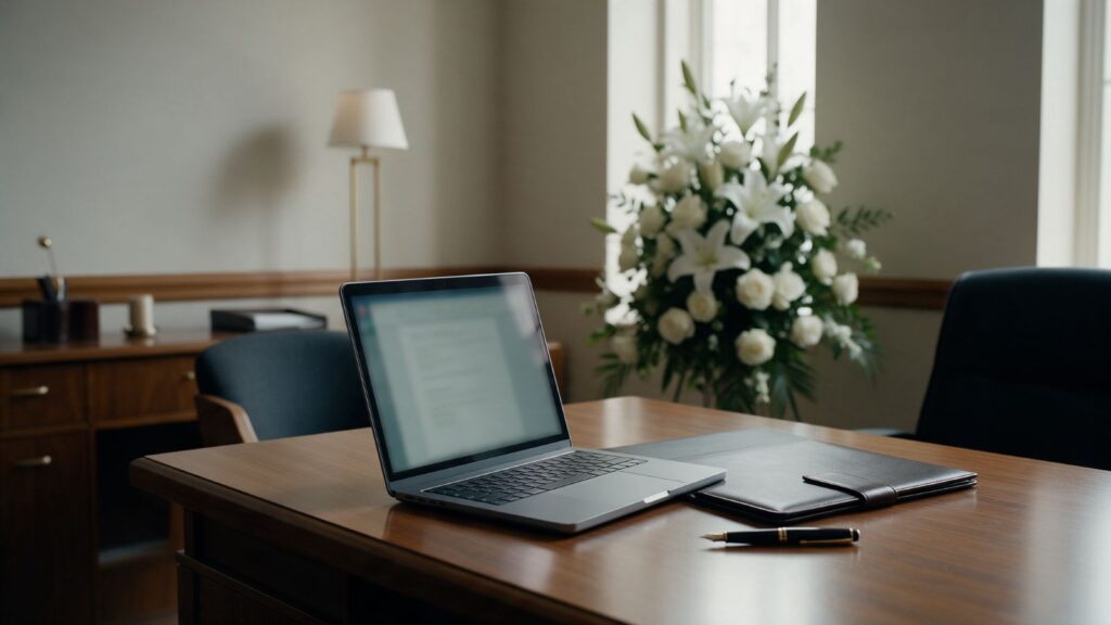 Funeral director desk with a laptop, leather folder and white lilies