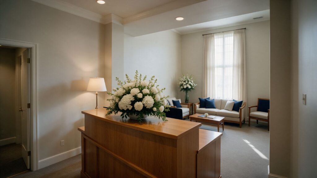 Funeral home reception desk with white flowers and a quiet seating area