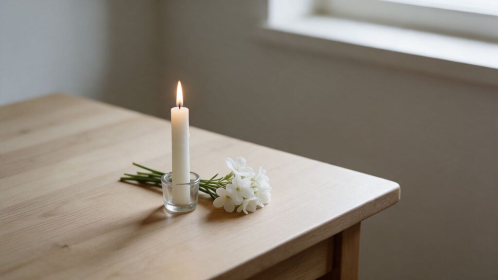 Lit candle beside white flowers, soft window light