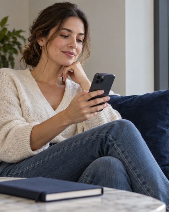 Woman reviewing her photos on her phone after registering their copyright
