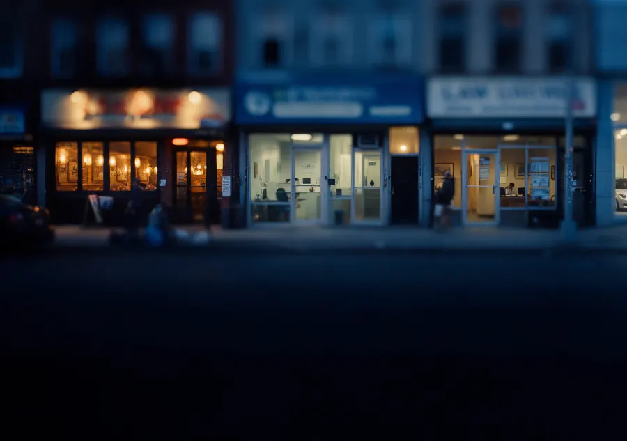 Local businesses at dusk, including a restaurant, dental clinic and law office: reputation management by industry from MGMT Reputation
