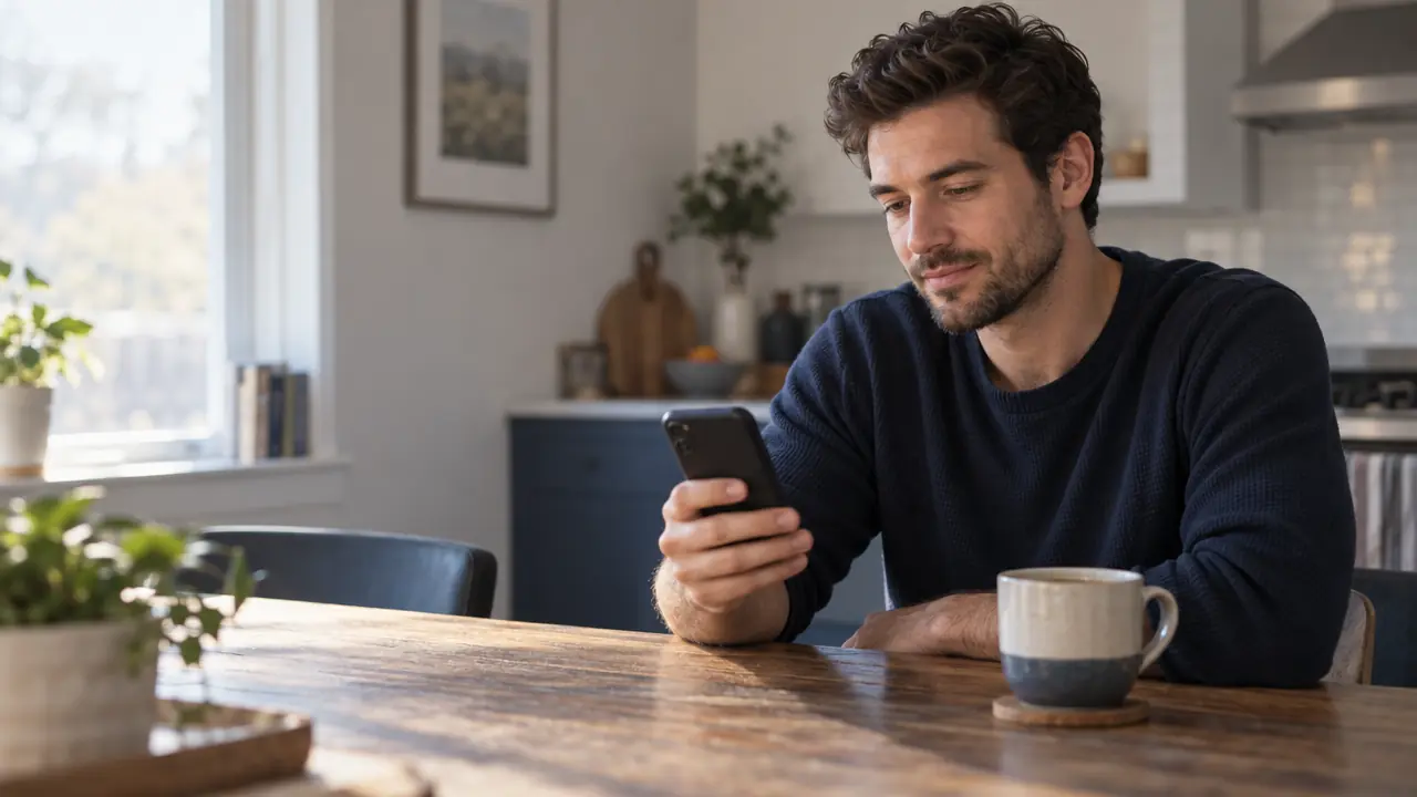 Blog 1 Man reading his phone at a kitchen table in the morning: how to remove a post about you from the Tea app